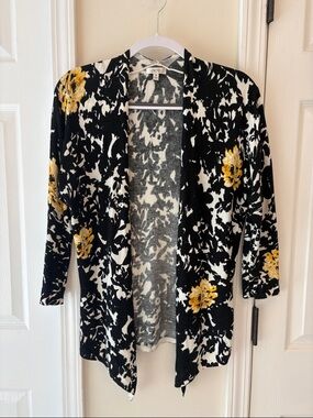 Cache Black and White Floral Open Cardigan with Yellow Accents